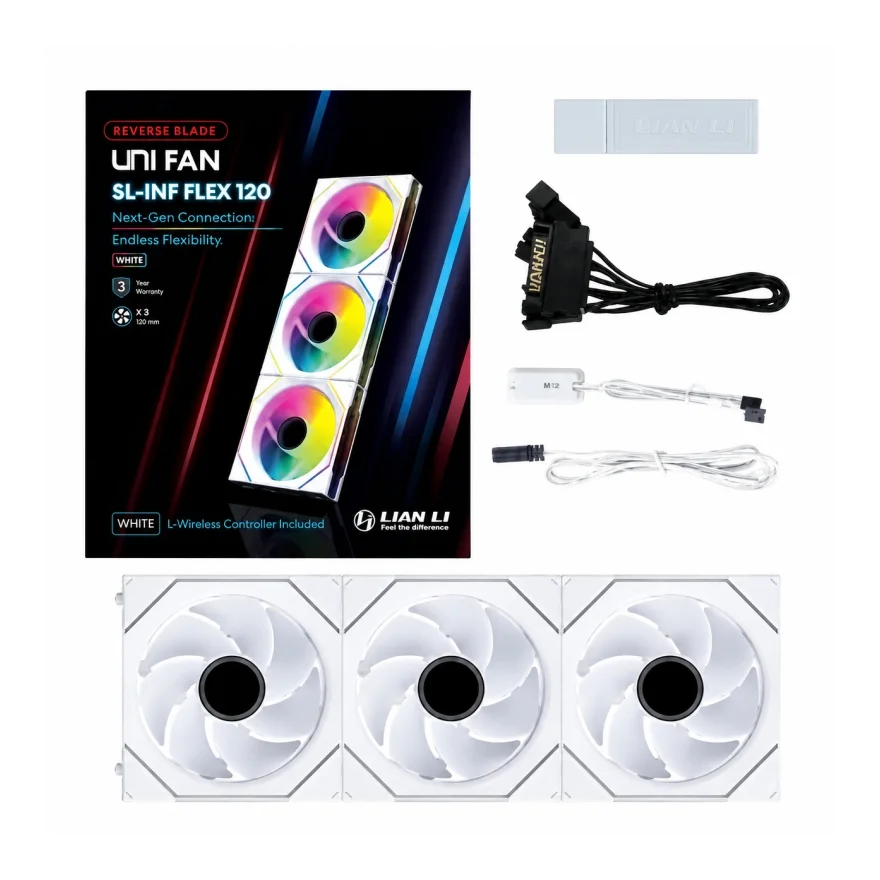 Lian Li UNI FAN SL-INF FLEX 120 Reverse Blade Wireless 120mm ARGB Branco Kit 3 Fans 12RSLIN1F3W
